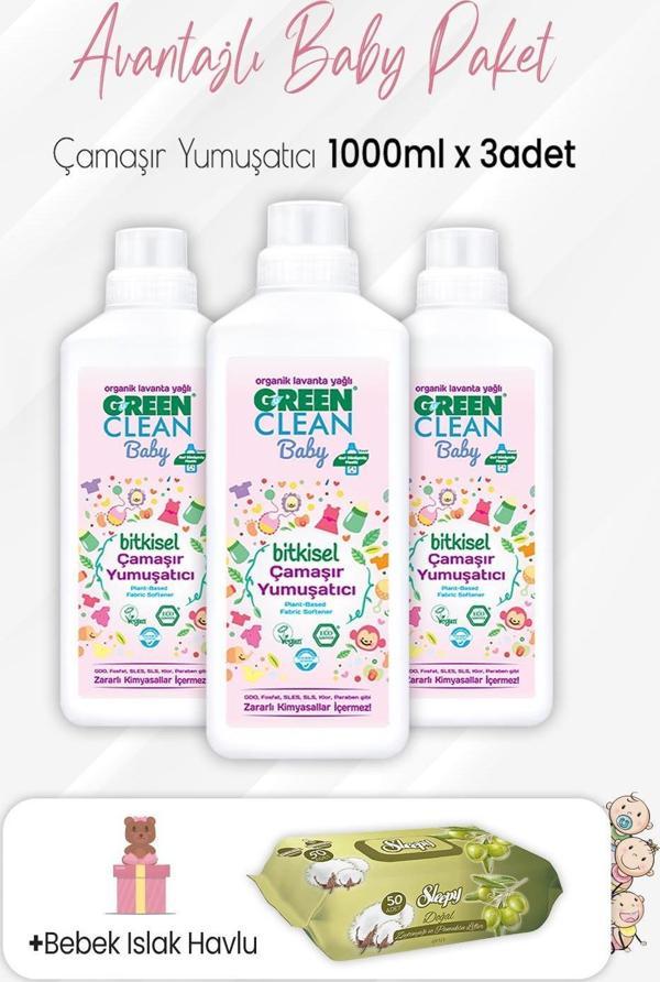Green Clean Baby Yumuşatıcı 1000 ml x 3 Adet ve Zeytinyağlı Pamuklu 50'li - Image 1