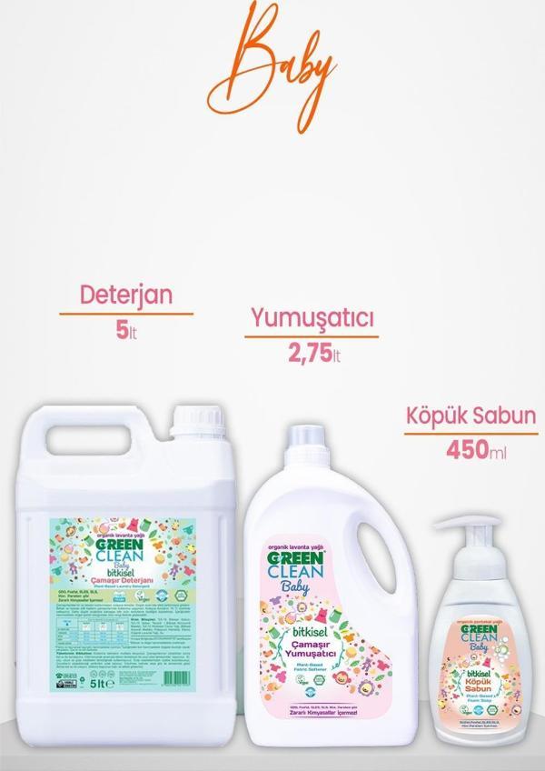 Green Clean Baby Yumuşatıcı 2750 ml, Çamaşır Deterjanı Lavanta 5 lt ve Köpük Sabun Portakal 450 ml - Image 1