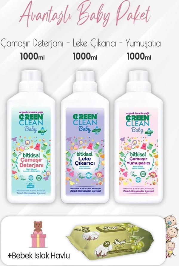 Green Clean Baby Yumuşatıcı, Deterjan, Leke Çıkarıcı 1 lt ve Zeytinyağlı Pamuklu Bebek Havlu 50'li - Image 1