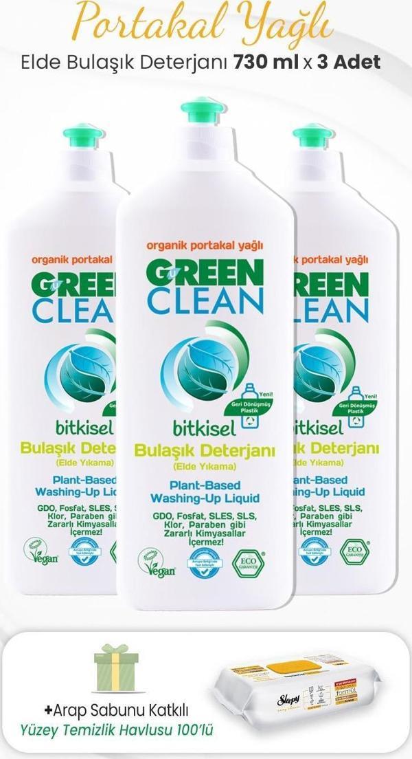 Green Clean 3lü Elde Bulaşık Deterjanı  730 ml ve Arap Sabunlu Temizlik Havlusu - Image 1