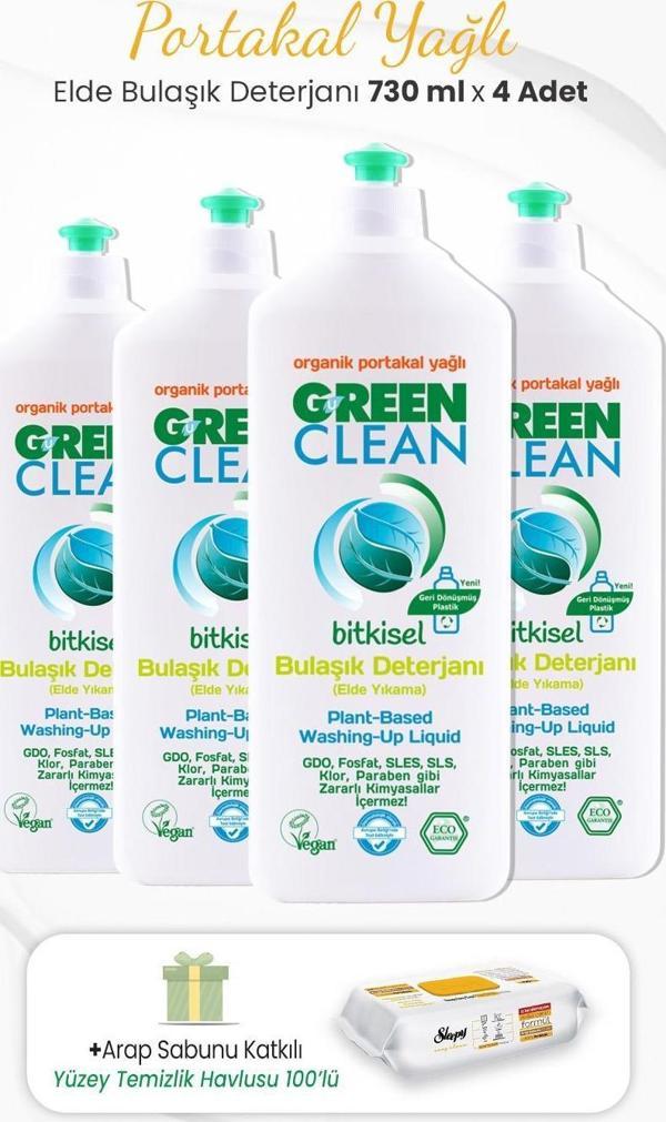 Green Clean 4lü Elde Bulaşık Deterjanı  730 ml ve Arap Sabunlu Temizlik Havlusu - Image 1