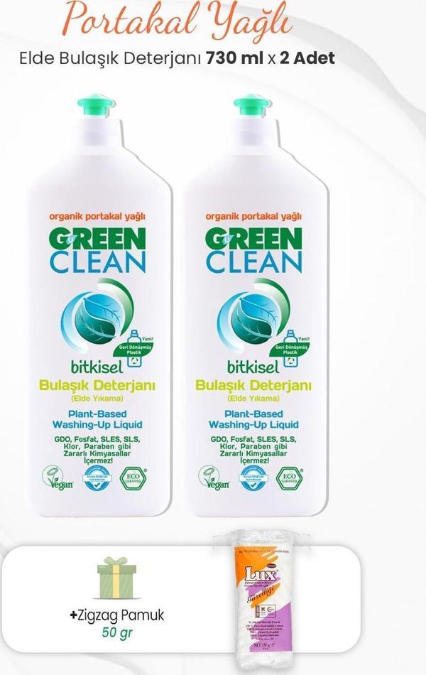 Green Clean Bitkisel Bulaşık Deterjanı Portakal Yağlı 730 ml x 2 Adet ve Zigzag Pamuk - Image 1