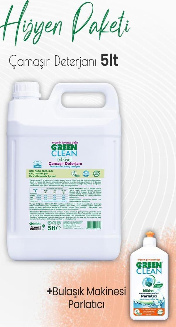 Green Clean Bitkisel Çamaşır Deterjanı Lavanta 5 lt ve Bulaşık Makinesi Parlatıcı Portakal 500 ml - Image 1