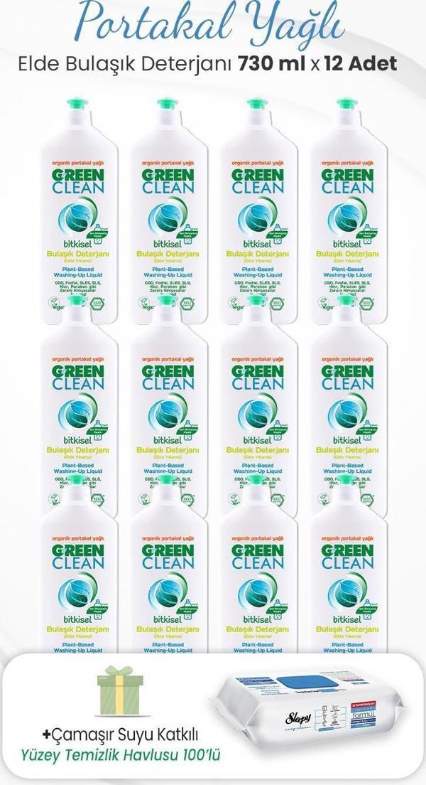 Green Clean 730 ml Bitkisel Elde Bulaşık Deterjanı x 12 Adet ve Çamaşır Sulu Temizlik Havlusu - Image 1