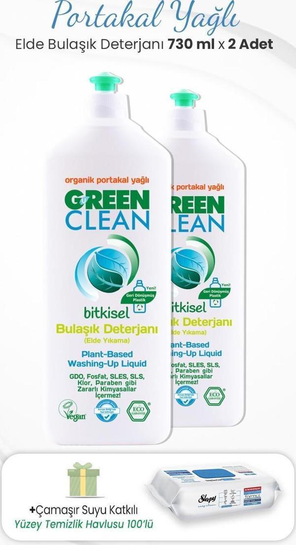 Green Clean 730 ml Bitkisel Elde Bulaşık Deterjanı x 2 Adet ve Çamaşır Sulu Temizlik Havlusu - Image 1