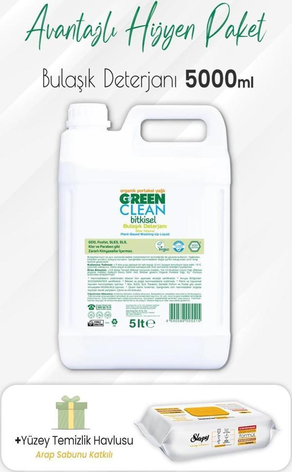 Green Clean Bulaşık Deterjanı 5 lt ve Arap Sabunlu Yüzey Temizlik 100' lü - Image 1