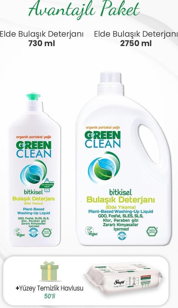Green Clean Bulaşık Deterjanı 730 ml, 2750 ml ve Yüzey Temizlik Havlusu 50'li - Image 1
