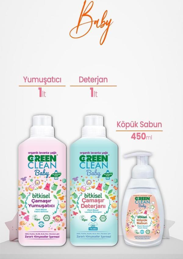 U Green Clean Baby Çamaşır Yumuşatıcı ve Deterjan 1 L ve Köpük Sabun Portakal Yağlı 450 ml - Image 1
