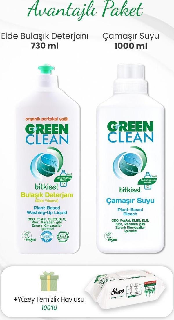 Green Clean Bulaşık Deterjanı 730 ml, Çamaşır Suyu 1000 ml ve Yüzey Temizlik Havlusu 100'lü - Image 1