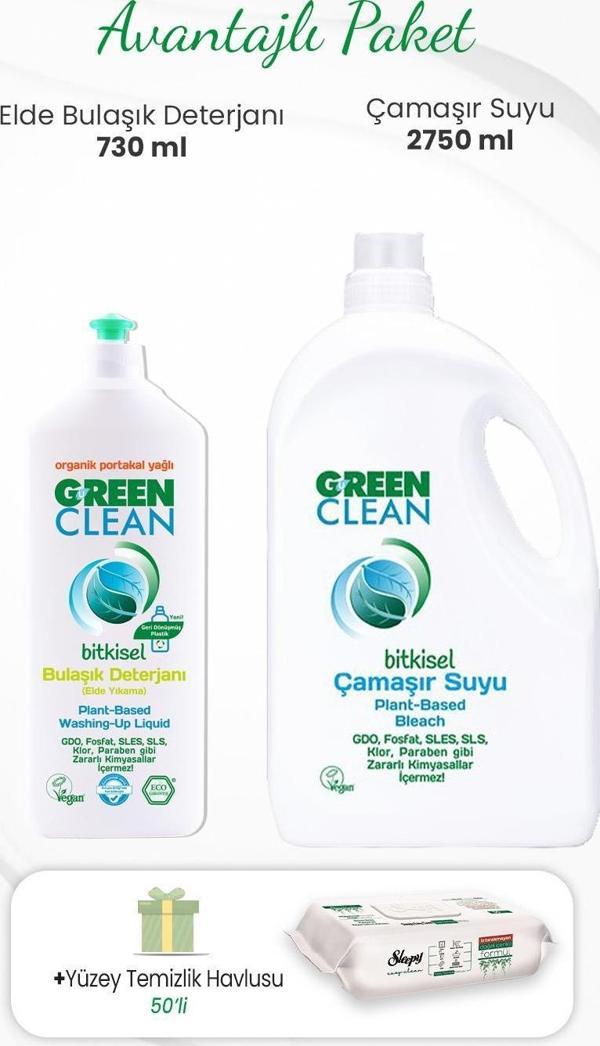Green Clean Bulaşık Deterjanı 730 ml, Çamaşır Suyu 2750 ml ve Yüzey Temizlik Havlusu 50'li - Image 1