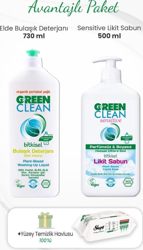 Green Clean Bulaşık Deterjanı 730 ml, Likit Sabun 500 ml ve Yüzey Temizlik Havlusu 100'lü - Image 1