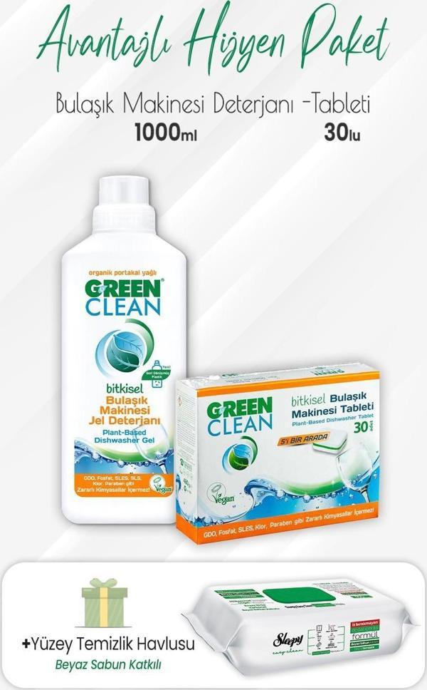 Green Clean Bulaşık Makinesi Jel Deterjan 1 lt, Tablet 30 Adet ve Easy Yüzey 100' lü - Image 1