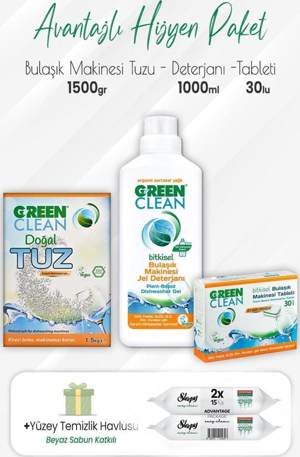 Green Clean Bulaşık Makinesi Temizlik Seti ve Easy Yüzey Temizlik 2x15 Yaprak - Image 1