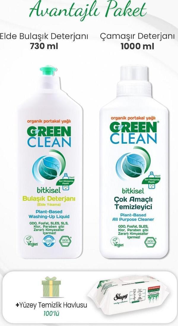 Green Clean Çamaşır Deterjanı 1000 ml,  Elde Bulaşık Deterjanı 730 ml ve Temizlik Havlusu 100'lü - Image 1