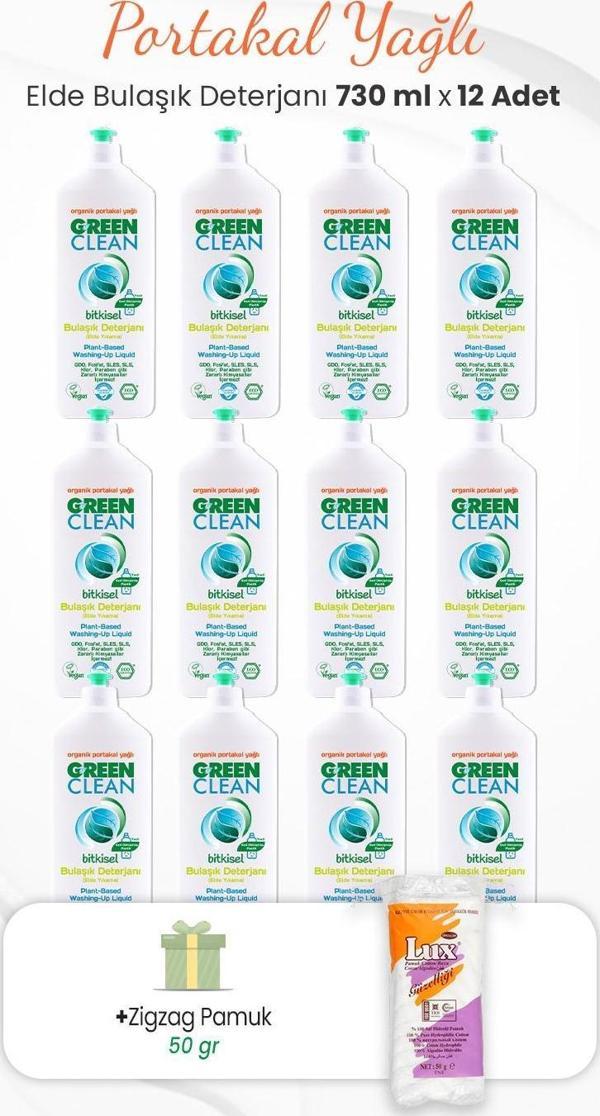 Green Clean Elde Bulaşık Deterjanı 730 ml x 12 Adet ve Zigzag Pamuk 50 gr - Image 1