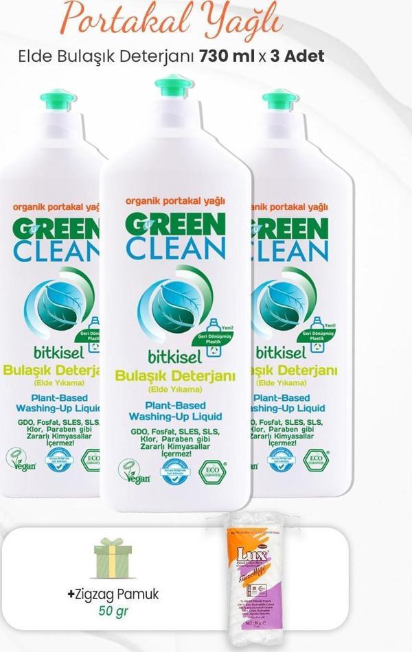 Green Clean Elde Bulaşık Deterjanı 730 ml x 3 Adet ve Zigzag Pamuk 50 gr - Image 1