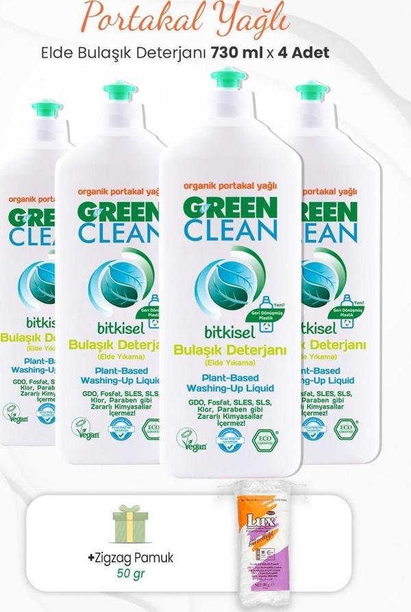 Green Clean Elde Bulaşık Deterjanı 730 ml x 4 Adet ve Zigzag Pamuk 50 gr - Image 1