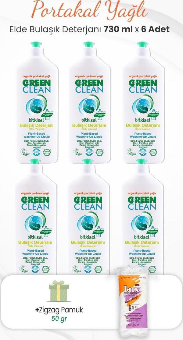 Green Clean Elde Bulaşık Deterjanı 730 ml x 6 Adet ve Zigzag Pamuk 50 gr - Image 1
