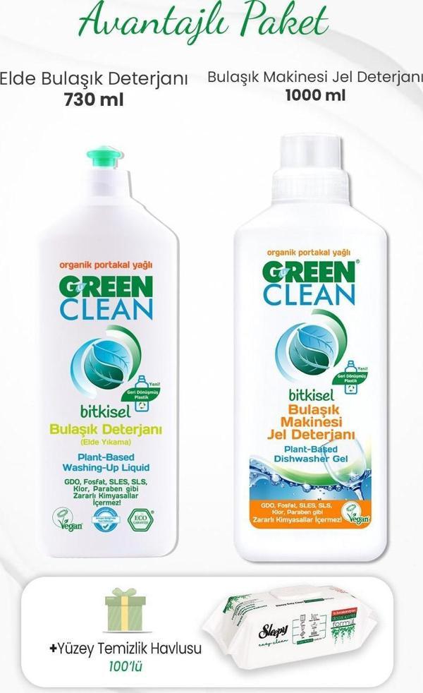 Green Clean Elde Bulaşık Deterjanı 730 ml,Bulaşık Makinesi Jel Deterjanı 1000 ml ve 100'lü Temizlik Havlusu - Image 1