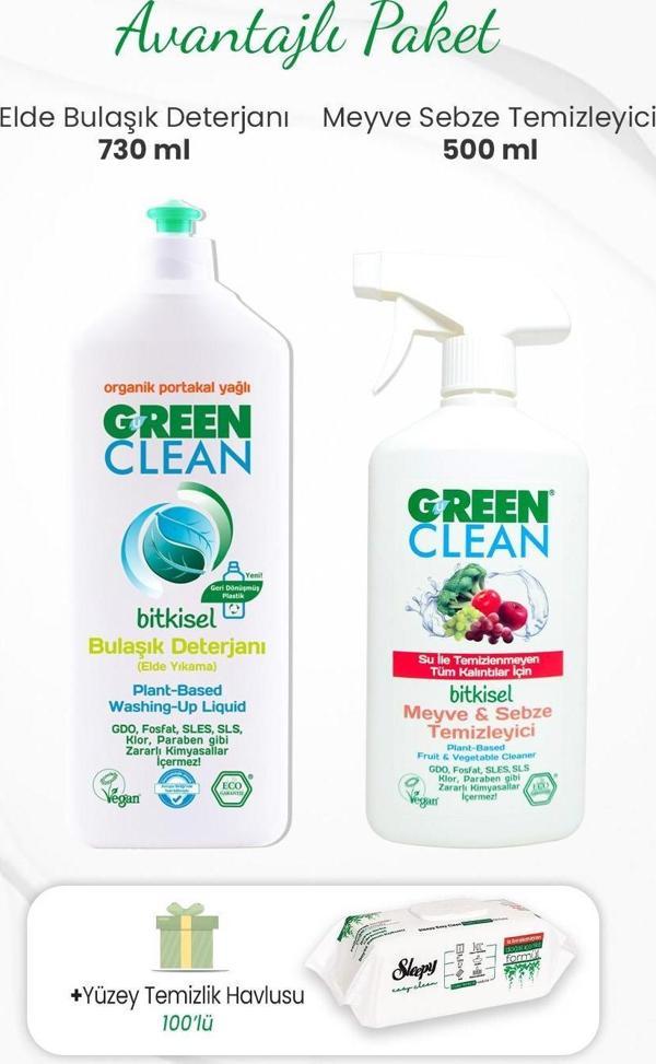 Green Clean Elde Bulaşık Deterjanı 730 ml,Meyve Sebze Temizleyici 500 ml ve Yüzey Temizlik Havlusu - Image 1