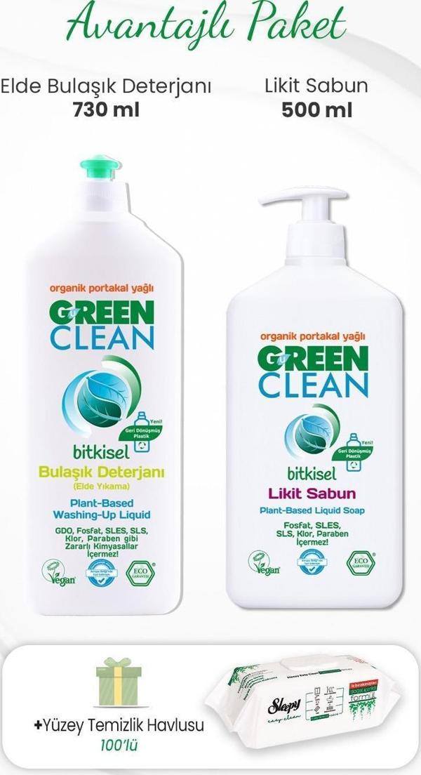 Green Clean Likit Sabun 500 ml, Bulaşık Deterjanı 730 ml ve 100'lü Temizlik Havlusu - Image 1