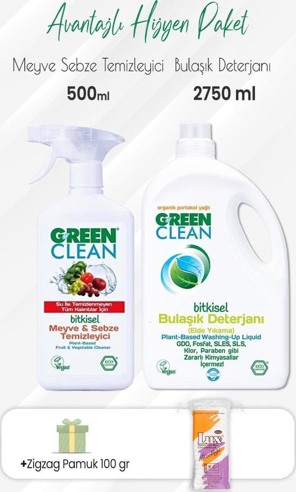 Green Clean Meyve Sebze Temizleyici,Bulaşık Deterjanı 2750 ml ve Zigzag Pamuk - Image 1