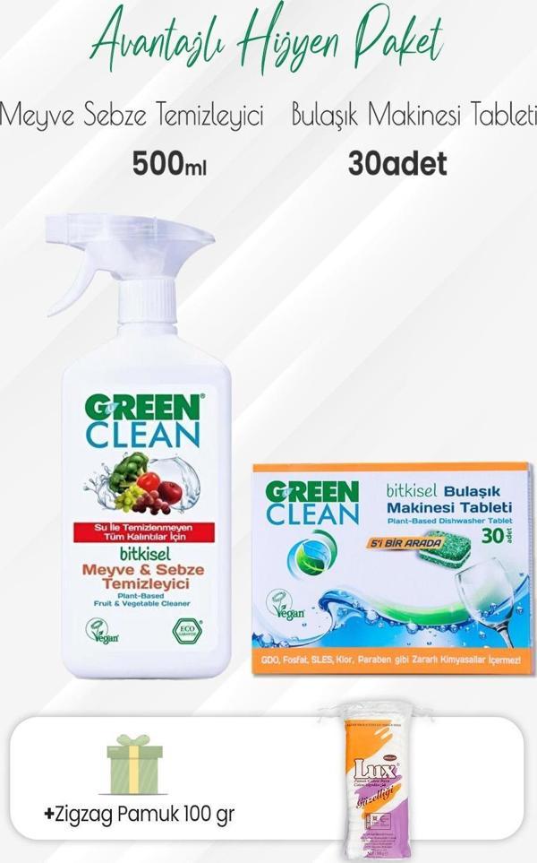 Green Clean Meyve Sebze Temizleyici,Bulaşık Makinesi Tableti 30 Adet ve Zigzag Pamuk - Image 1