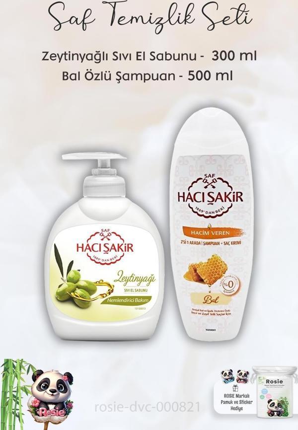 Hacı Şakir Zeytinyağlı Sıvı Sabun 300 ml, Ballı Şampuan 500 ml ve ROSIE - Image 1