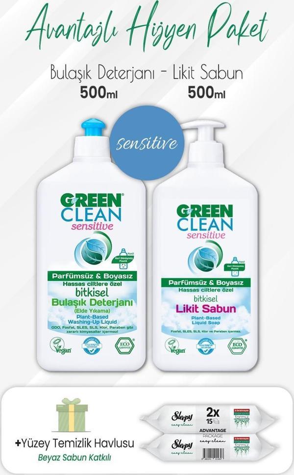Green Clean Sensitive Bulaşık Deterjan 500 ml, Likit Sabun 500 ml ve Easy Yüzey 2x15 Yaprak - Image 1