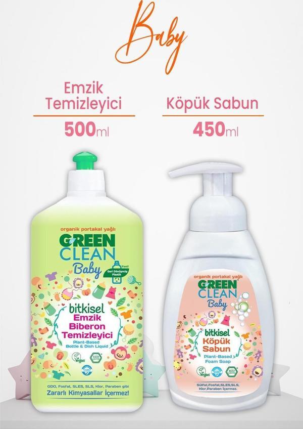 U green Clean Baby Bitkisel Biberon Emzik Temizleyici 500 ml ve Köpük Sabun Portakal 450 ml - Image 1