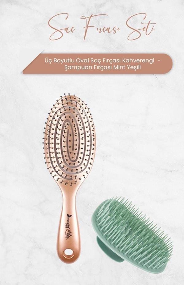 Nascita Üç Boyutlu Oval Saç Fırçası Kahverengi ve Şampuan Fırçası Mint Yeşili - Image 1