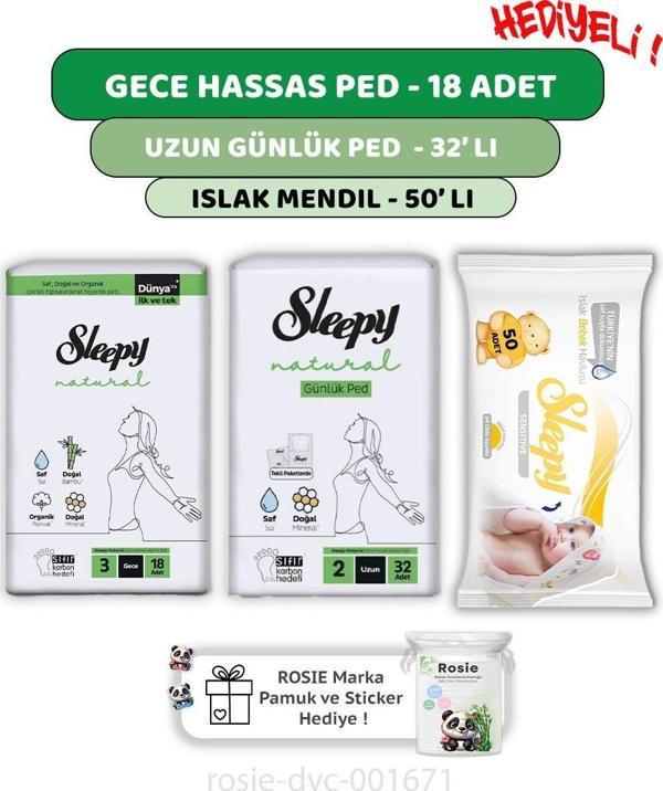 Sleepy Natural Ultra Hassas Gece Ped 18'li,Günlük Ped 32'li,  Sensitive 50'li Mendil ve ROSIE  - Image 1