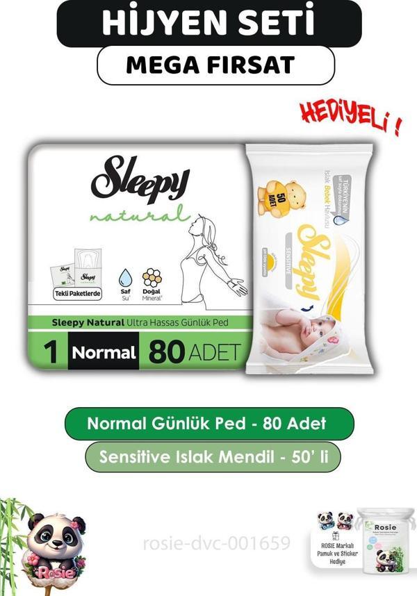Sleepy Natural Ultra Hassas Hijyenik Günlük Ped Normal 80 Adet, Sensitive 50'li Islak Mendil ve ROSIE - Image 1