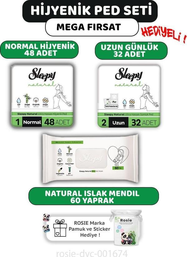 Sleepy Natural Ultra Hassas Ped Normal 48'li,Günlük Ped 32'li, Natural 60'lı Mendil ve ROSIE  - Image 1