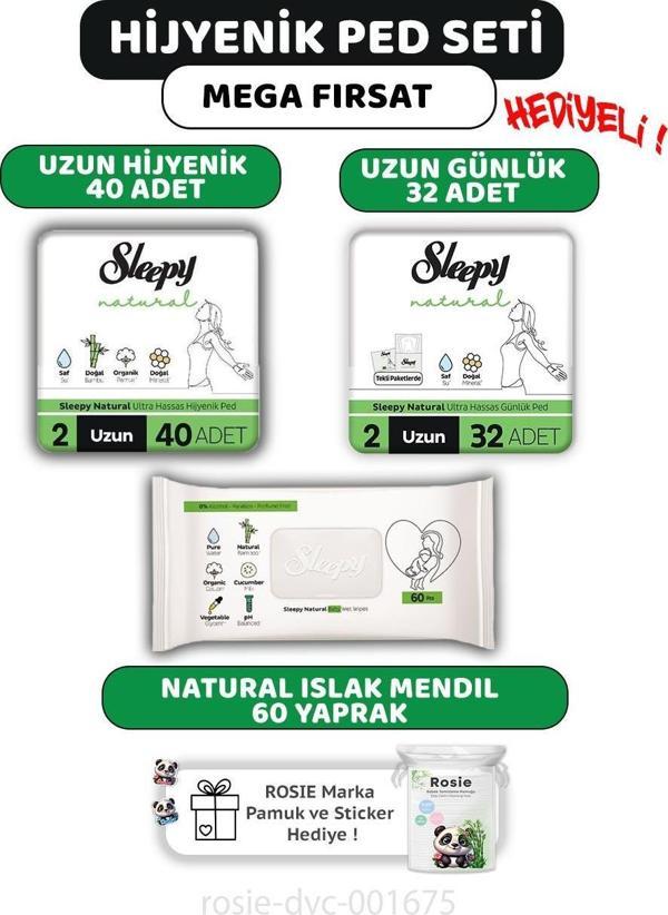 Sleepy Natural Ultra Hassas Ped Uzun 40'lı, Günlük Ped 32'li, Natural 60'lı Mendil ve ROSIE  - Image 1