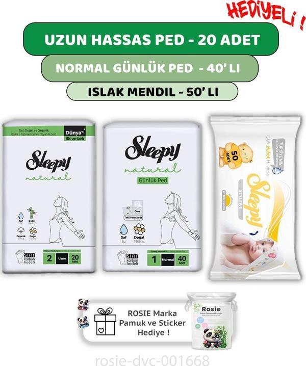 Sleepy Natural Ultra Hassas Uzun Ped 20'li,Günlük Ped 40'lı  Sensitive 50'li Mendil ve ROSIE  - Image 1