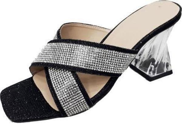 Yıldız 0527 Şeffaf Topuklu Simli Taşlı Kadın Terlik - Image 1