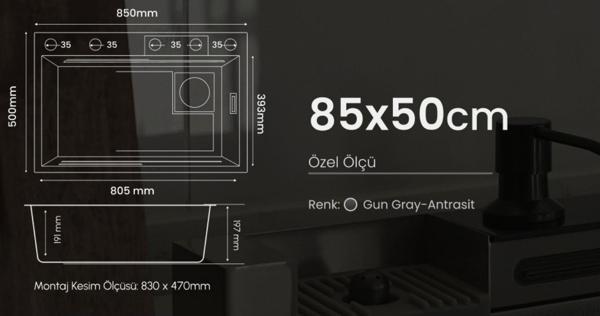 GL General GLC SS304EKO Maxi Antrasit Bardak Yıkamalı Şelale Eviye 85x50 - Image 1