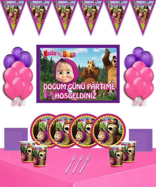 Doğumgünüparti Maşa Ile Koca Ayı Afişli 16 Kişilik Doğum Günü Parti Malzemeleri Süsleri Seti - Image 1