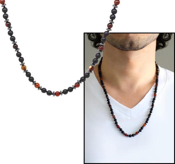 Makrome Örgülü Oniks-Akik-Hematit Kombinli Doğaltaş Erkek Kolye - Image 1