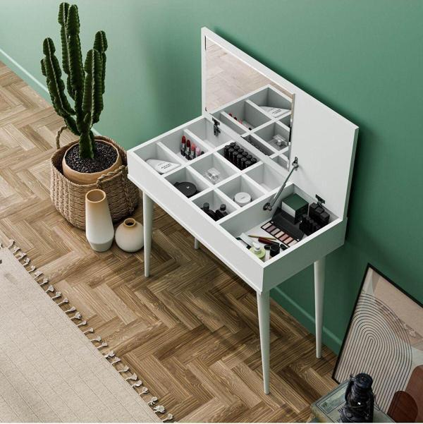 Mezza 2220 Flora Düşer Kapaklı Aynalı (Ahşap Ayaklı) 80 Cm Makyaj Masası Dresuar Çalışma Masası Beyaz - Image 1