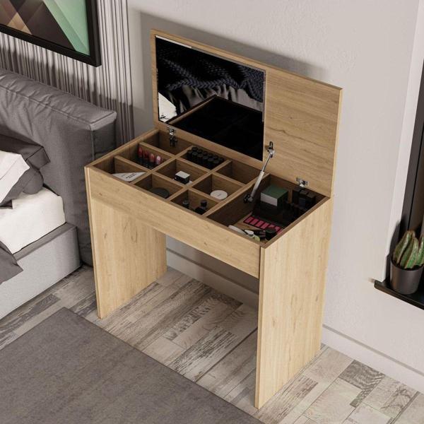 Mezza 2232 Laıla Düşer Kapaklı Aynalı 80 Cm Makyaj Masası Dresuar Çalışma Masası Sepet - Image 1