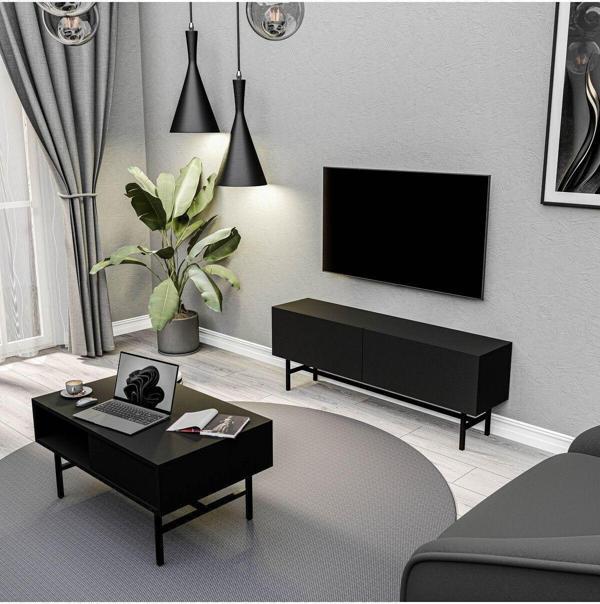 Mezza Set 4000-4200 Felıx Siyah Metal Ayaklı Tv Ünitesi - Orta Sehpa Takımı Siyah - Image 1