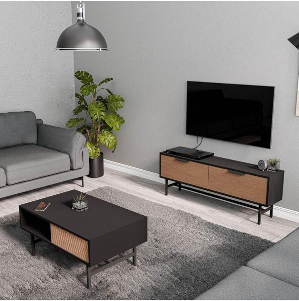 Mezza Set 4010-4210 Blanco Siyah Metal Ayaklı Tv Ünitesi - Orta Sehpa Takımı Siyah Kaplan - Image 1