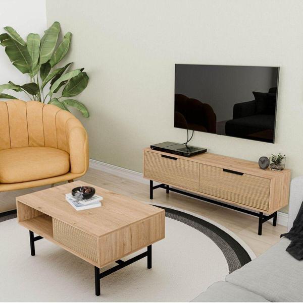 Mezza Set 4014-4214 Blanco Siyah Metal Ayaklı Tv Ünitesi - Orta Sehpa Takımı Sepet Yunus - Image 1