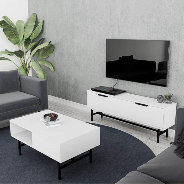 Mezza Set 4016-4202 Blanco Siyah Metal Ayaklı Tv Ünitesi - Felıx Orta Sehpa Takımı Beyaz - Image 1