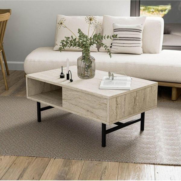 Mezza 4230 Dıamond Metal Ayaklı Orta Sehpa 90 Cm Traverten - Image 1