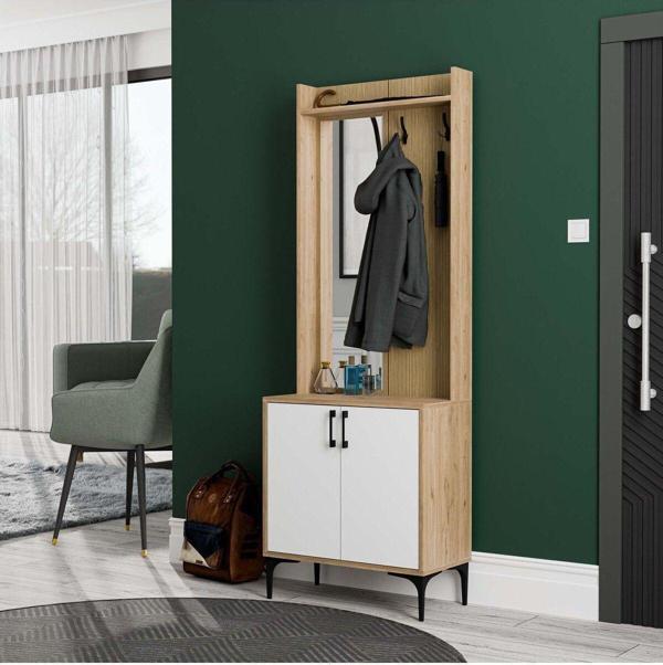 Mezza 5022 Royal Sol Aynalı 2 Kapaklı 2 Askılı Portmanto Sepet - Beyaz - Yunus - Image 1