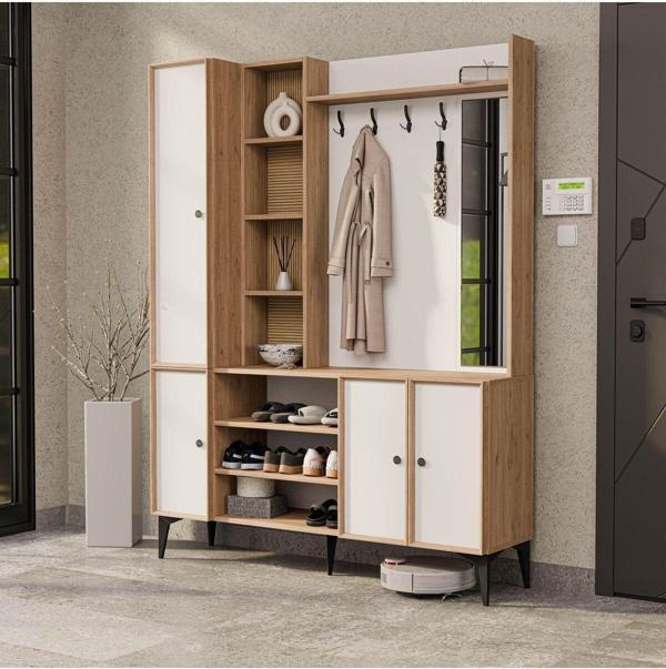 Mezza 5053 Verona 4 Profil Kapaklı 4 Askılı 15 Raflı Sağ Aynalı Portmanto Sepet Beyaz Yunus - Image 1