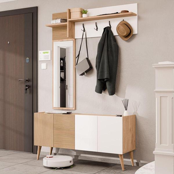 Mezza 5060 Theo 4 Kapaklı 6 Raflı 4 Askılı Sol Aynalı Portmanto Sepet Beyaz Yunus - Image 1